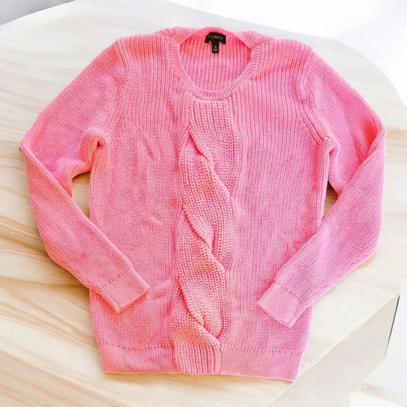 Talbots Twist Cable Knit Bright Pink Marled Sweater Medium Pullover Crew Neck - Picture 1 of 9